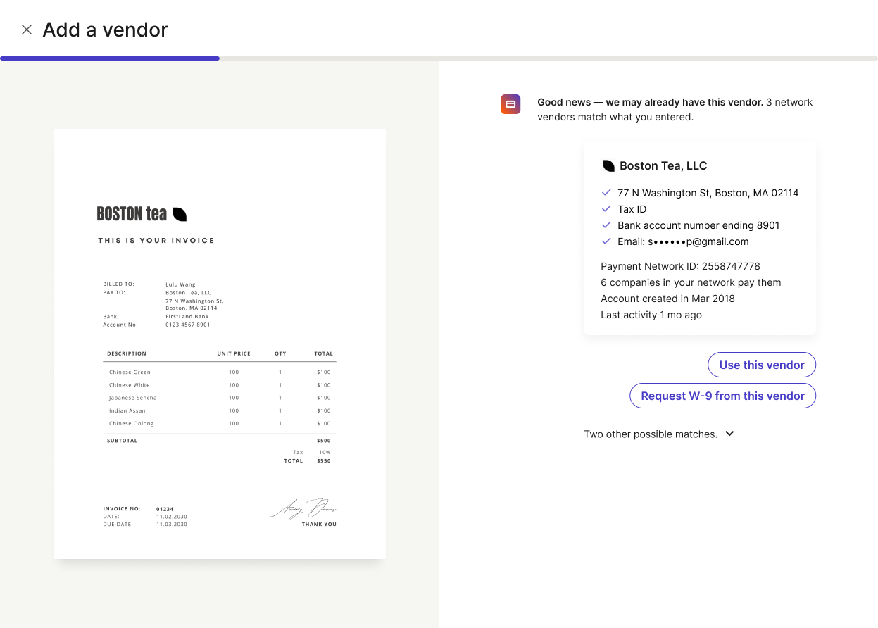 Adding a vendor from an uploaded invoice: the assistant finds a likely network match and shows the evidence for it